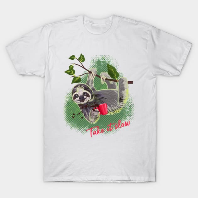 Take it slow sloth and coffee mug print T-Shirt by Orangerinka